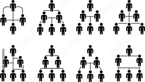 Simple black and white illustrations of various organizational charts and hierarchical structures