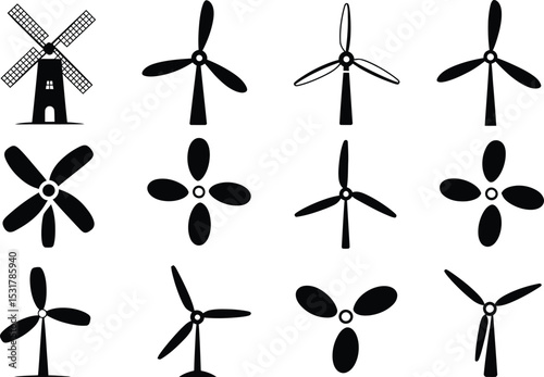 Collection of illustrated black and white wind turbines and a mill depicting energy and sustainability