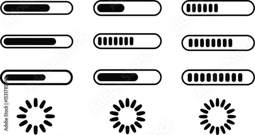 A set of black and white loading progress bars and spinners on a white background for web design
