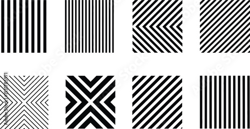 Collection of geometric black and white pattern designs displaying diverse stripes and angles for creative applications.