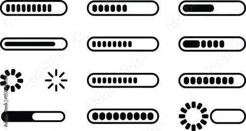 Collection of loading progress bars and icons representing digital progress and loading states