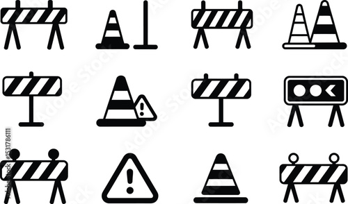 Simple black and white safety road signs and cones icons representing construction and roadwork