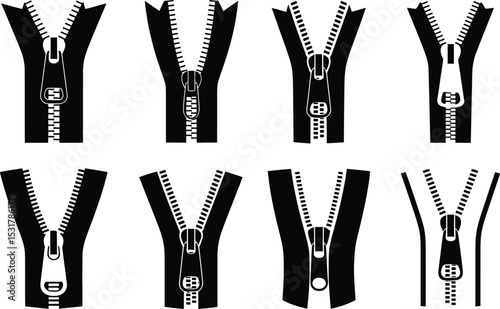 Set of black and white zipper illustrations with various designs and openings for fashion and design