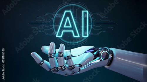 Robotic hand holding ai logo with circuit board design on a dark blue gradient background