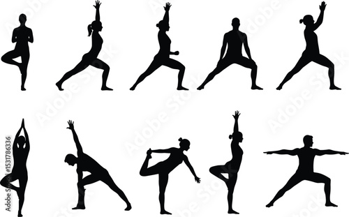 Silhouette of people doing various yoga poses, meditation, flexibility exercise, physical training, stretching routine, fitness practice, calm relaxation, wellness concept, vector style illustration
