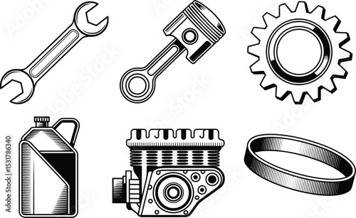 Mechanical tools and engine components in black and white outline for automotive repair projects