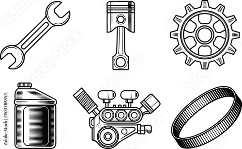 Vector illustration of automotive parts and tools in a simple black and white design ideal for projects