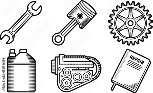 Illustration of automotive repair tools and engine components in black and white with a minimalist design