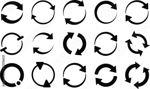Collection of black circular arrows in different directions and styles for design and interface elements