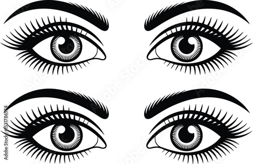 Elegant vector illustration featuring four stylized eyes with dramatic eyelashes and defined eyebrows