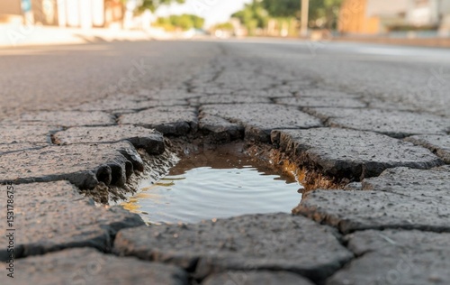A close-up of a pothole in the middle of the road