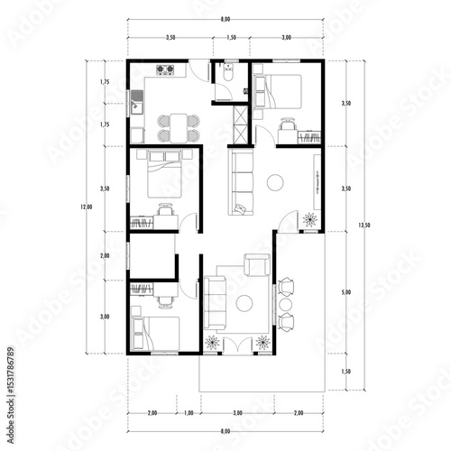 Black and White floor plan of a modern unfurnished house for your design. Suburban house vector blueprint. Architectural background.
