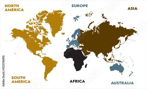 New modern world map, with names, Europe, Africa, Asia, Australia, North America and South America world map graphic, Countries Silhouettes Stock Illustrations, Vectors