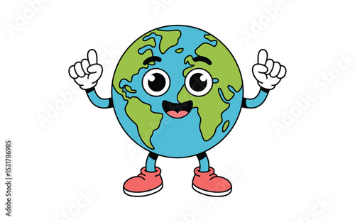 Cheerful cartoon earth character pointing upward with hands smiling and expressing friendly optimism on white background