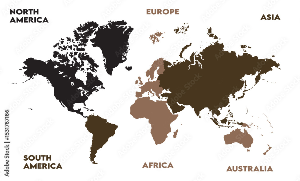 Obraz premium New modern world map, with names, Europe, Africa, Asia, Australia, North America and South America world map graphic, Countries Silhouettes Stock Illustrations, Vectors