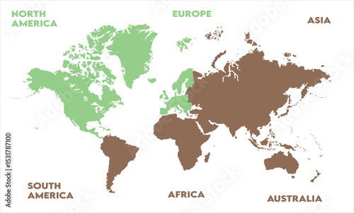 New modern world map, with names, Europe, Africa, Asia, Australia, North America and South America world map graphic, Countries Silhouettes Stock Illustrations, Vectors