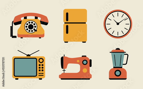 Retro styled illustrations of classic household appliances including telephone clock refrigerator tv sewing machine and blender