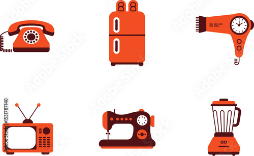 Vintage home appliances set in orange and brown with simple illustrations on white background