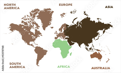New modern world map, with names, Europe, Africa, Asia, Australia, North America and South America world map graphic, Countries Silhouettes Stock Illustrations, Vectors