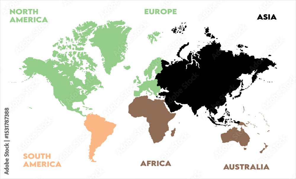 Naklejka premium New modern world map, with names, Europe, Africa, Asia, Australia, North America and South America world map graphic, Countries Silhouettes Stock Illustrations, Vectors
