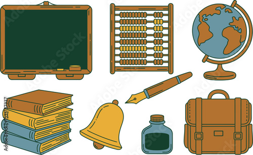 Charming hand drawn educational icons including blackboard globe books bell inkwell and briefcase in vector illustration