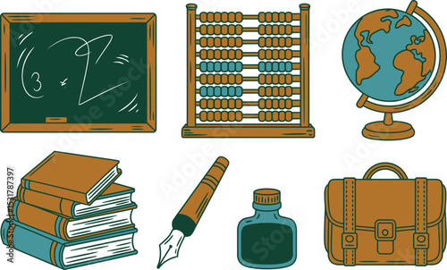 Collection of school supplies and educational items including chalkboard abacus globe books and inkwell illustration