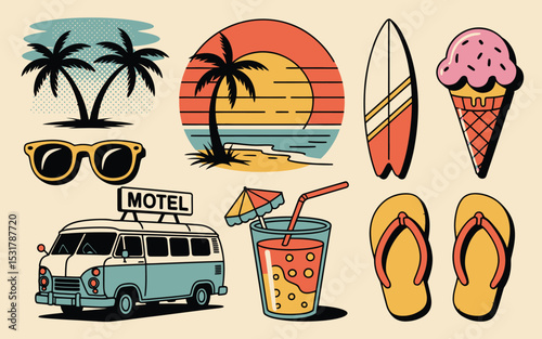 Collection of summer vacation related retro style illustrations including van sunglasses and beach elements