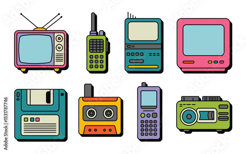 Collection of vintage retro electronics including a television walkie talkie monitor cassette phone and floppy disc