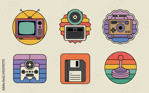 Retro technology icon set featuring a television camera console floppy disk and joystick for vintage design