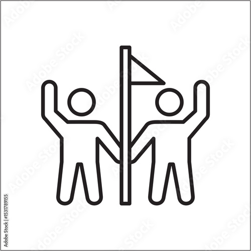 Two people holding flag icon. Success cooperation icon. Icon symbol of win, victory, achievement, reward, prize. Vector illustration