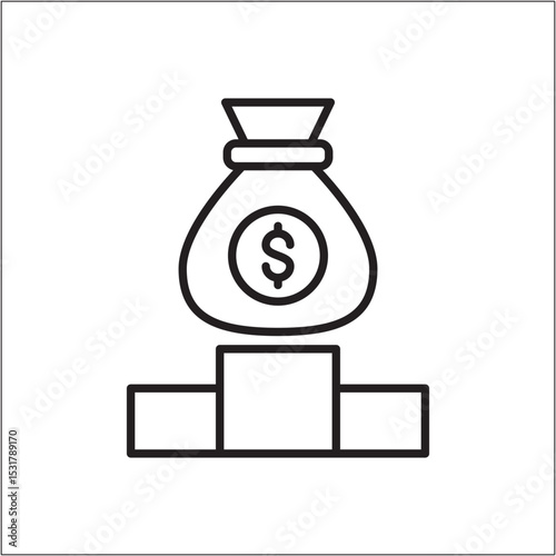 Money pouch in top of podium icon. Bounty prize icon. Icon symbol of win, victory, achievement, reward, prize. Vector illustration