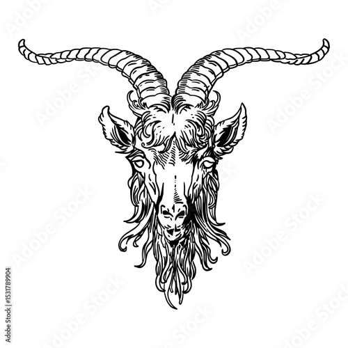 
Goat Head Engraving

A detailed black line art illustration of a goat's head, rendered in an engraved or woodcut style.
