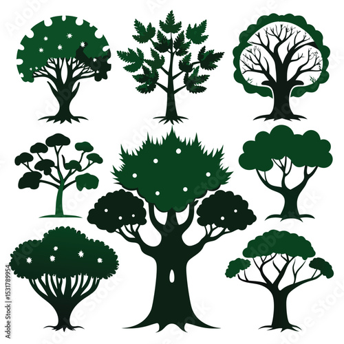 A vibrant vector set of four trees, illustrating the essence of nature with green leaves and distinct branches perfect for any season