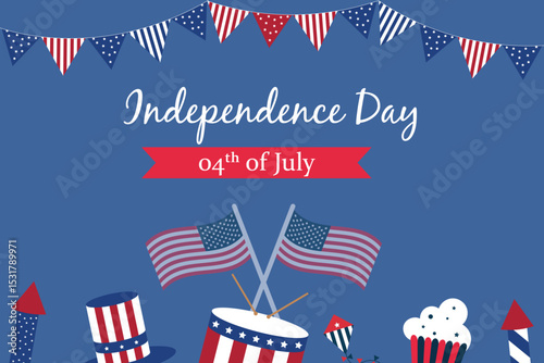 4th of July Independence Day background with USA flags, bunting, fireworks, and patriotic elements in red, white, and blue.