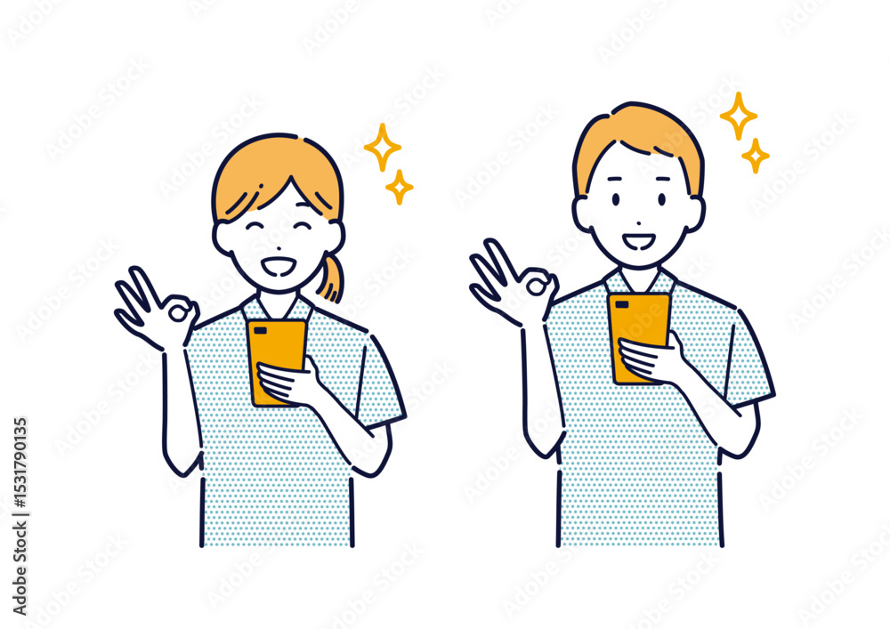 スマホを持ってOKサインをするポロシャツを着た男女のイラスト スマホを持ってOKサインをするポロシャツを着た男女のイラスト