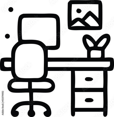 Icon Minimalist workspace illustration featuring a desk, chair, plant, and framed artwork, conveying a neat and organized home office setup