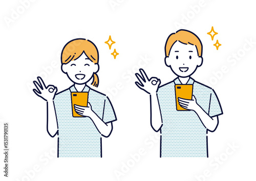 スマホを持ってOKサインをするポロシャツを着た男女のイラスト