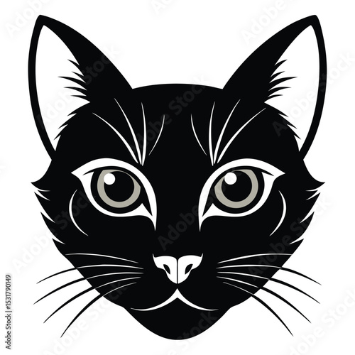 Vector illustration of a cute black cat face, an adorable domestic feline head with expressive eyes