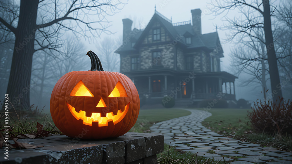 custom made wallpaper toronto digitalJack-o'-Lantern on Wall with Haunted House in Foggy Background - Spooky Halloween Scene