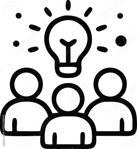 Icon Teamwork brainstorming session leading to a bright idea with lightbulb above people showing collaboration and innovation