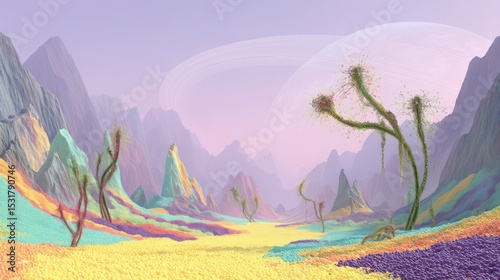 Surreal Landscape with Colorful Mountains and Unusual Flora