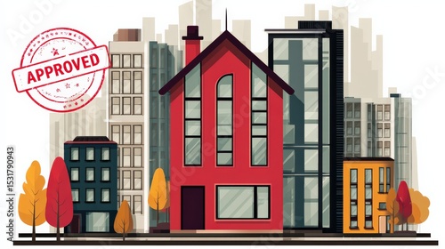 Urban Cityscape with Stylish Red House and Approved Stamp Image