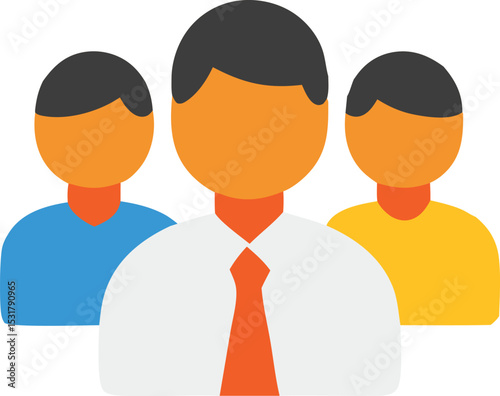 Icon Vector graphic of three people standing together, one in a shirt and tie, symbolizing teamwork and collaboration, suitable for diverse applications