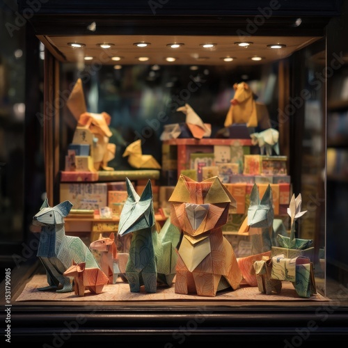 Colorful origami animals in a shop display case.