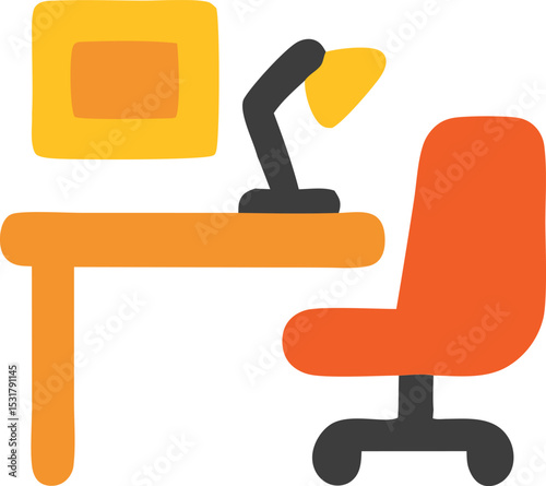 Icon Illustration of a workspace featuring a desk, computer, lamp, and chair in a modern, minimalist style