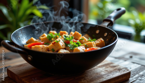 Delicious stir fried vegetables and tofu in rustic wok, garnished with fresh herbs, create warm and inviting atmosphere. steam rising adds to appetizing appeal of this vibrant dish