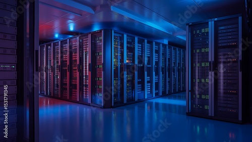 A server room with rows of data servers illuminated by blue and red lights in a dark environment