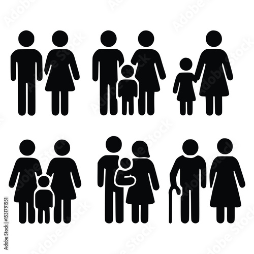 Diverse family icons couples parents with children and an elderly man with a cane