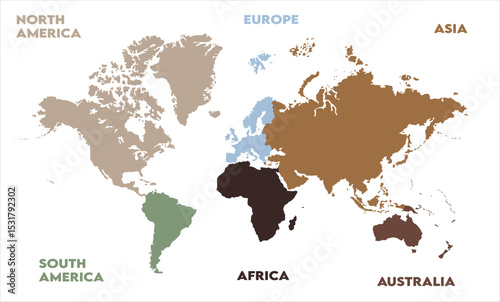 New modern world map, with names, Europe, Africa, Asia, Australia, North America and South America world map graphic, Countries Silhouettes Stock Illustrations, Vectors