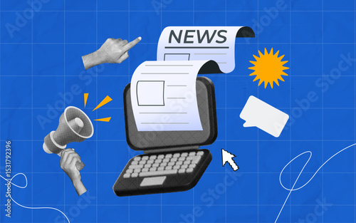 halftone collage, Digital newspaper with laptop, megaphone, and SEO, media, journalism, online news publication visuals